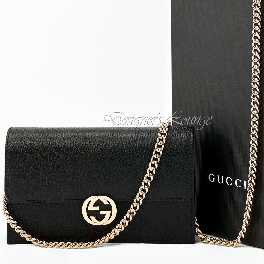 SOLD! NEW GUCCI Interlocking GG Black Leather Crossbody Wallet On Chain Bag - Picture 1 of 14